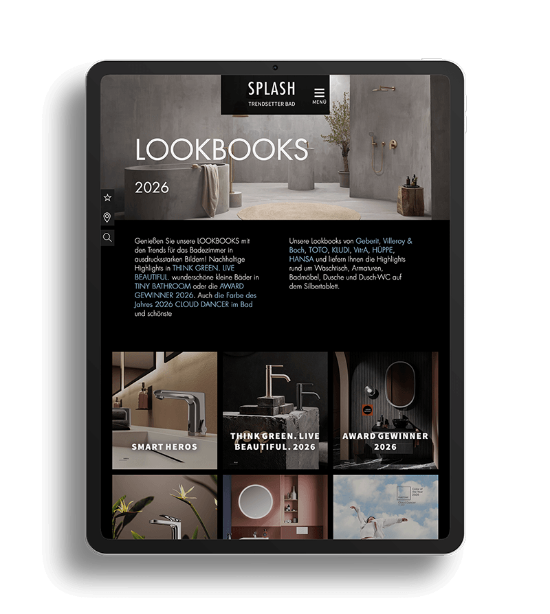 ablet mit der SPLASH-Lookbooks-Seite 2026 und mehreren Kacheln zu Badtrends und Badezimmerdesign.